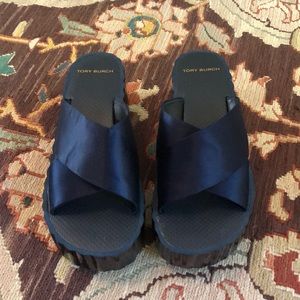 Tory Burch navy scalloped wedge slide